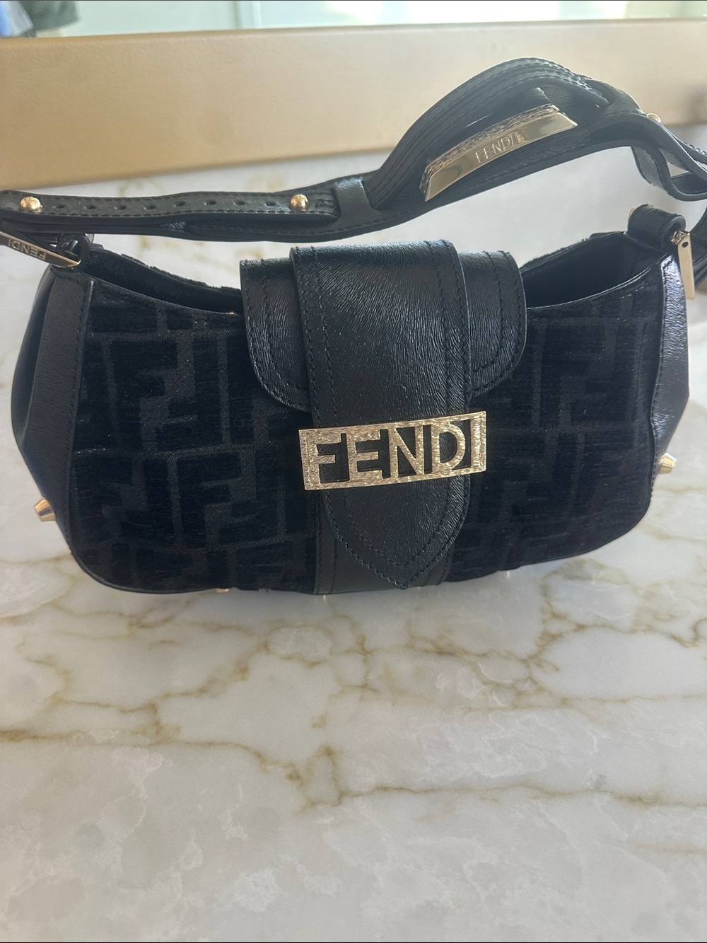 Fendi Black Velvet FF Logo Shoulder Bag with Gold Hardware